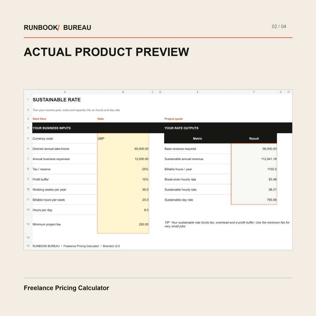 Freelance Pricing Calculator Excel preview with editable business inputs and calculated rate outputs
