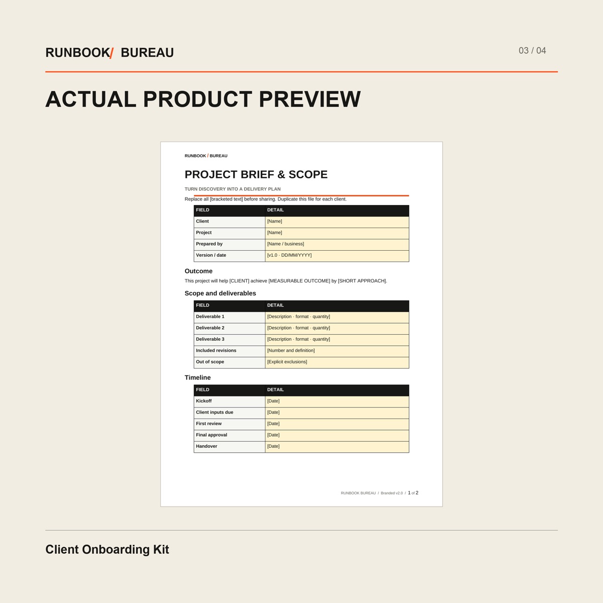 Client Onboarding Word project brief with deliverables, scope boundaries and project dates