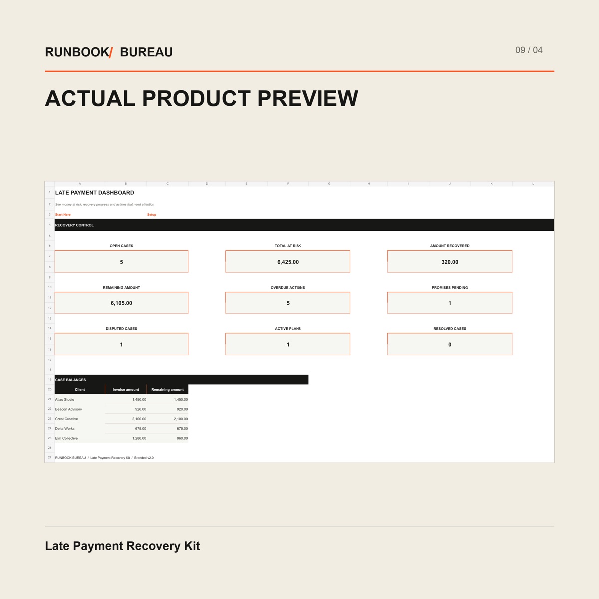 Late Payment Recovery Kit Excel dashboard preview with recovery cases and follow-up tracking